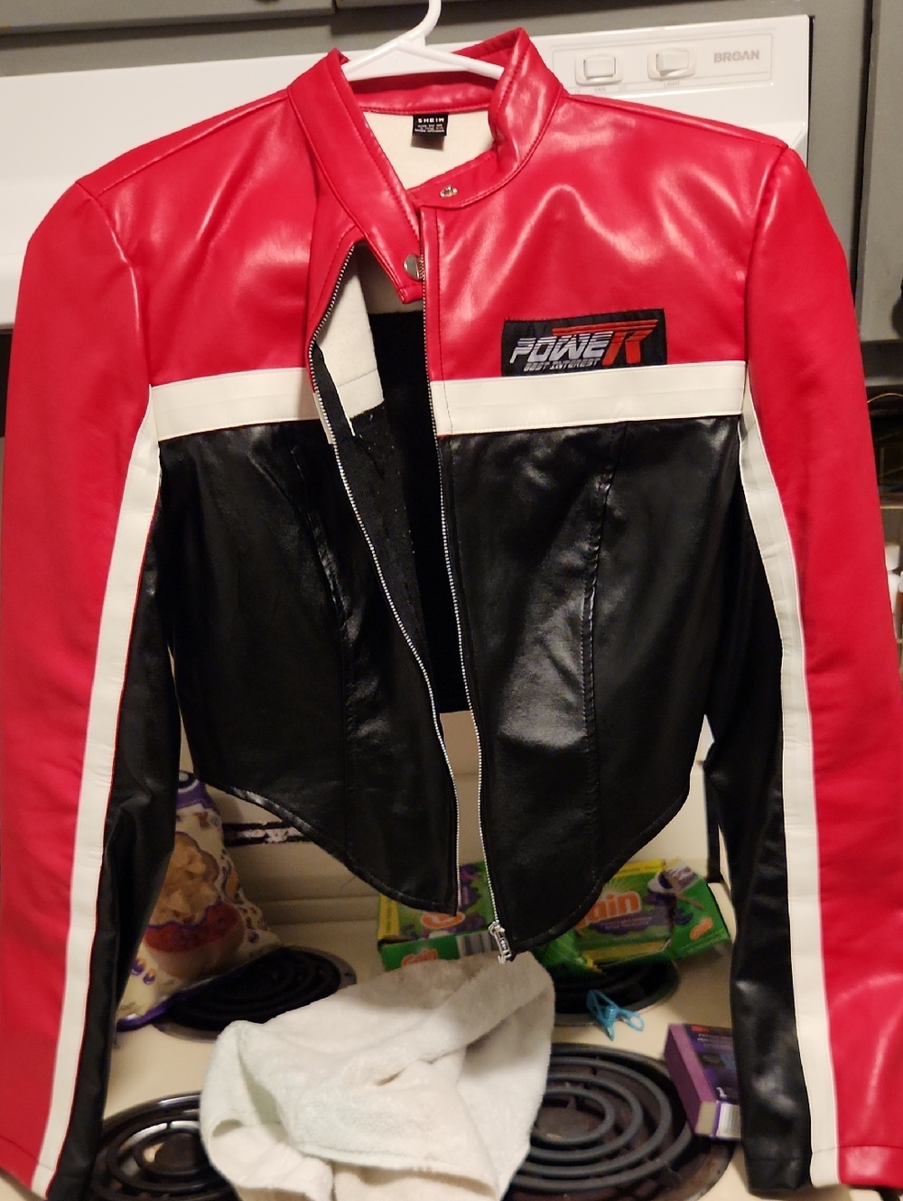 SHEIN Red and Black Moto Jacket with White Trim